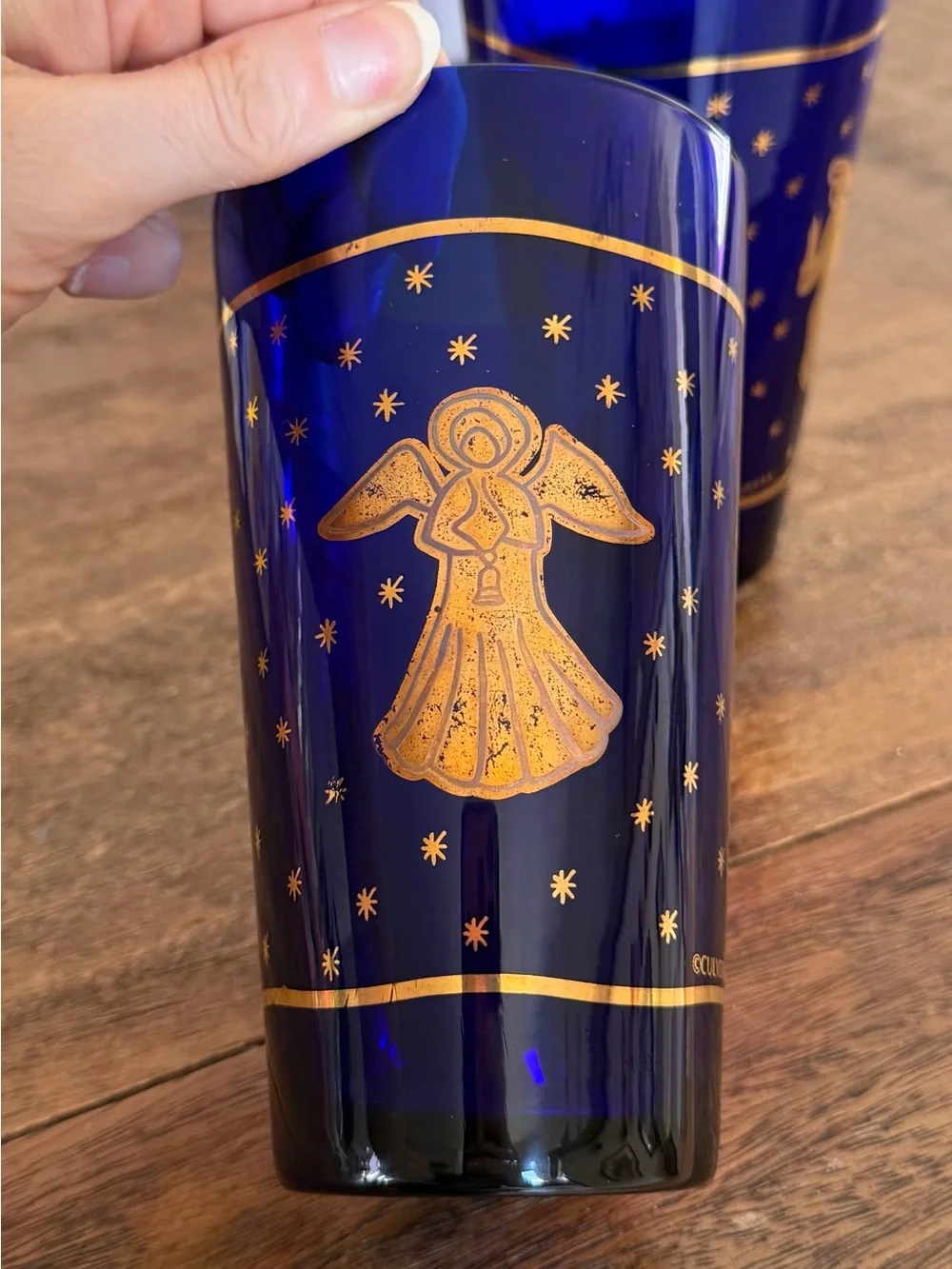 MCM Glassware: Vintage Culver Cobalt Blue and 22K Gold Angel Tumblers